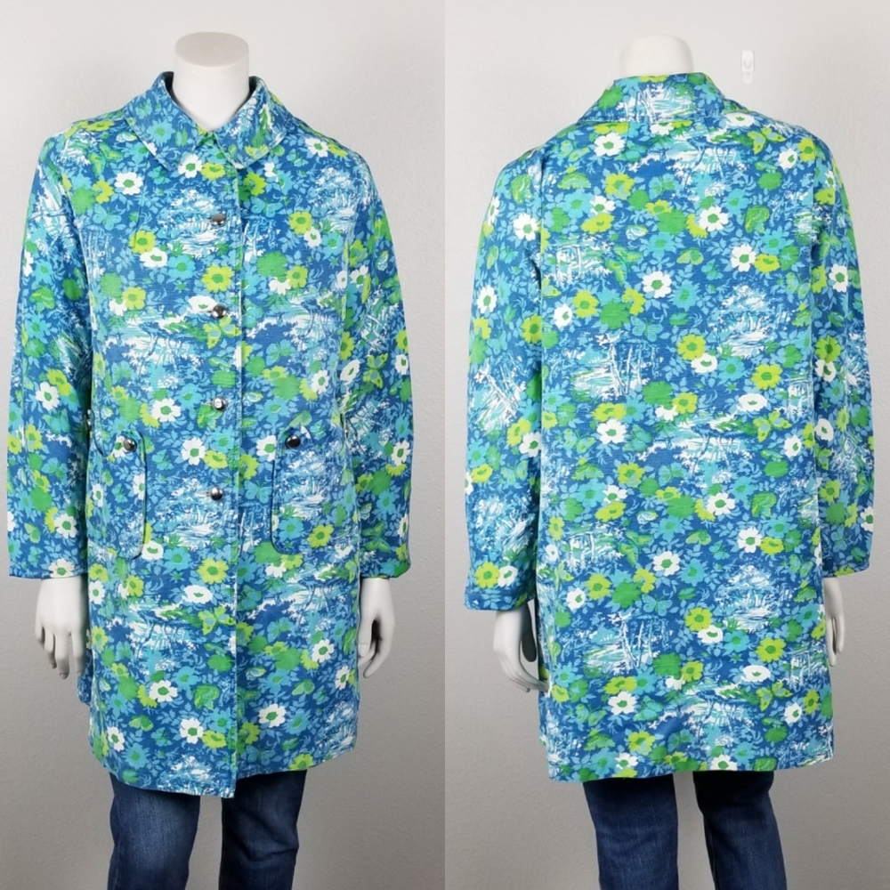 Vintage 60s Blue/Green Handmade Floral Butterfly Print Coat